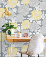 Retro Floral Yellow & Gray by NextWall Peel & Stick Peel & Stick Floral Wallpaper – NextWall NW35203