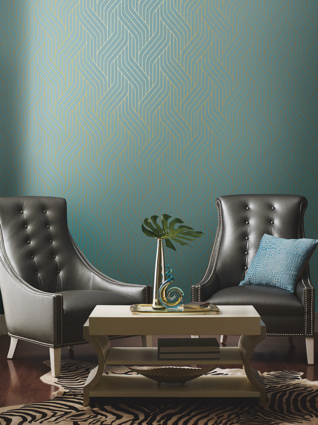 Ebb & Flow Blue & Gold Geometric Metallic Wallpaper - York NW3520