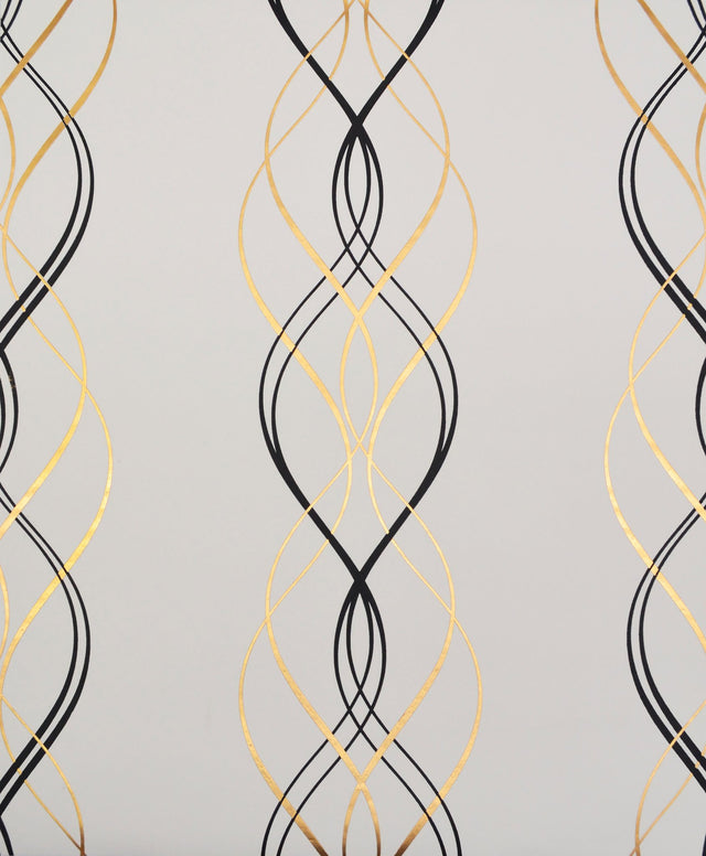 Aurora Black & White Wallpaper with Metallic Gold Streamers - York NW3548
