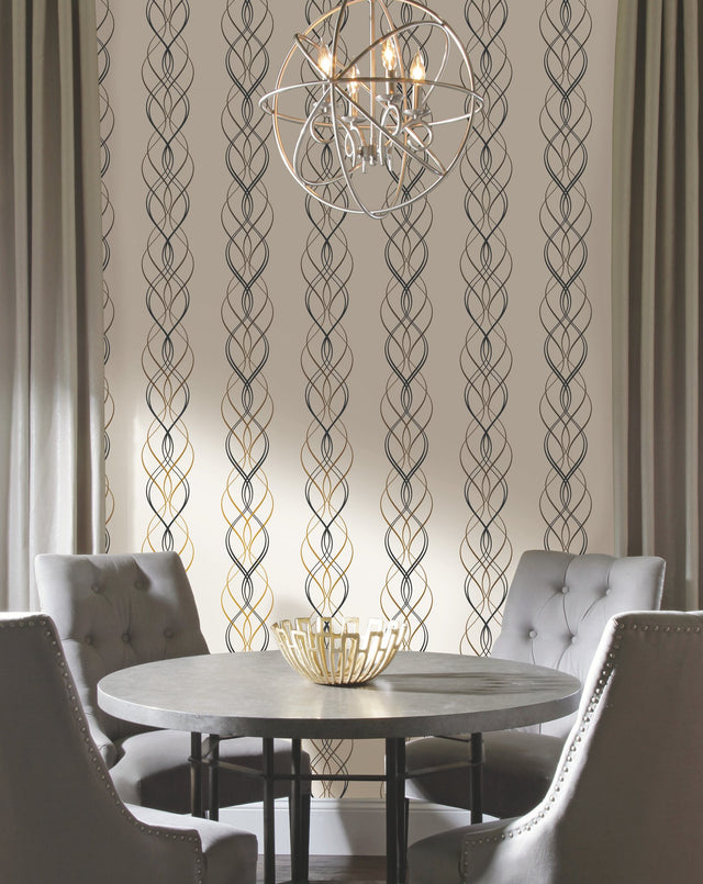 Aurora Black & White Wallpaper with Metallic Gold Streamers - York NW3548