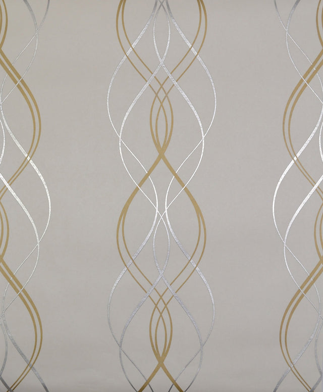 Aurora Gold & Pearl Wallpaper with Metallic Streamer Motif - York NW3549