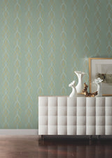 Aurora Blue & Gold Wallpaper with Metallic Streamer Motif - York NW3551