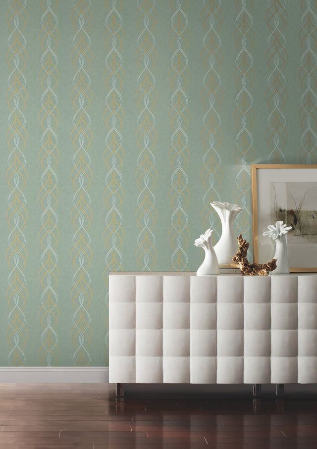 Aurora Blue & Gold Wallpaper with Metallic Streamer Motif - York NW3551