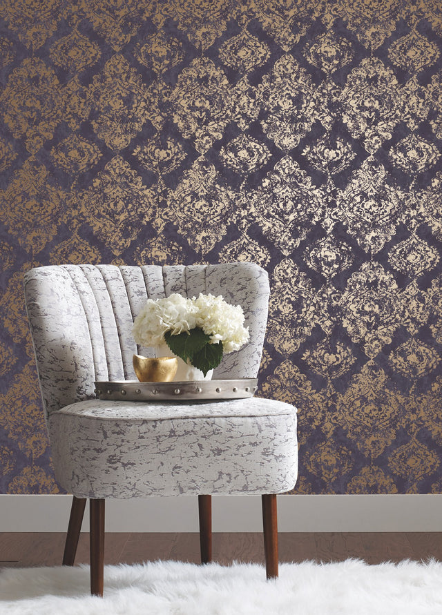 Stargazer Plum & Gold Damask Metallic Non Woven Wallpaper - York NW3567