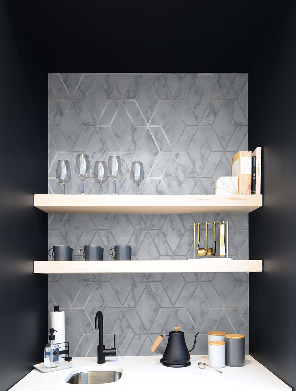 Marble Tile Gray & Metallic Silver by NextWall Peel & Stick Geometric Wallpaper – NextWall NW35700