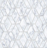 Marble Tile peel and stick wallpaper in gray and metallic silver geometric tile pattern