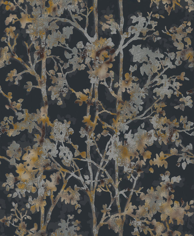 Shimmering Foliage Black Wallpaper with Metallic Botanical Pattern - York NW3580