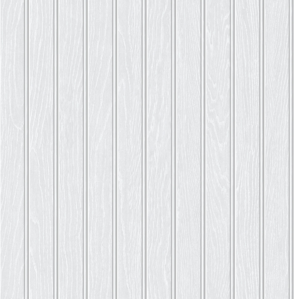 Off-white and pearl gray beadboard peel and stick wallpaper with vertical panel stripes and subtle woodgrain texture.
