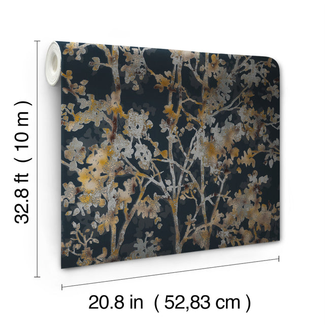 Shimmering Foliage Black Wallpaper with Metallic Botanical Pattern - York NW3580