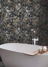 Shimmering Foliage Black Wallpaper with Metallic Botanical Pattern - York NW3580