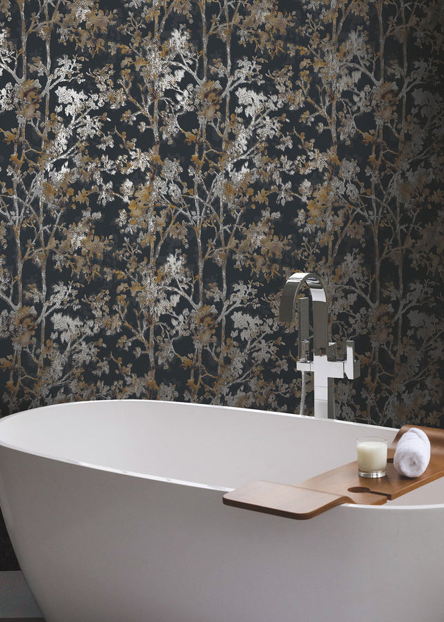 Shimmering Foliage Black Wallpaper with Metallic Botanical Pattern - York NW3580