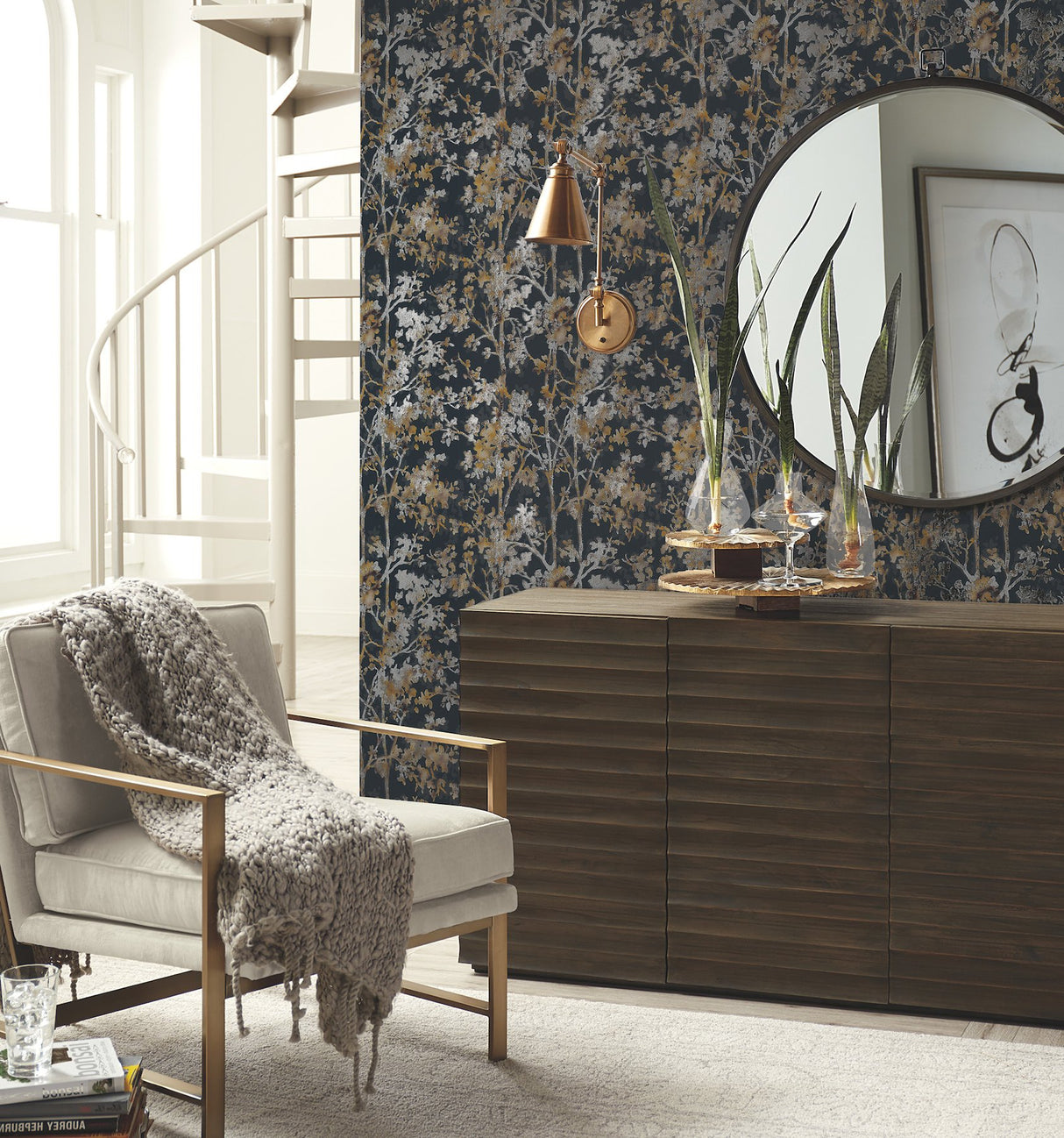 Shimmering Foliage Black Wallpaper with Metallic Botanical Pattern - York NW3580