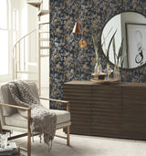 Shimmering Foliage Black Wallpaper with Metallic Botanical Pattern - York NW3580