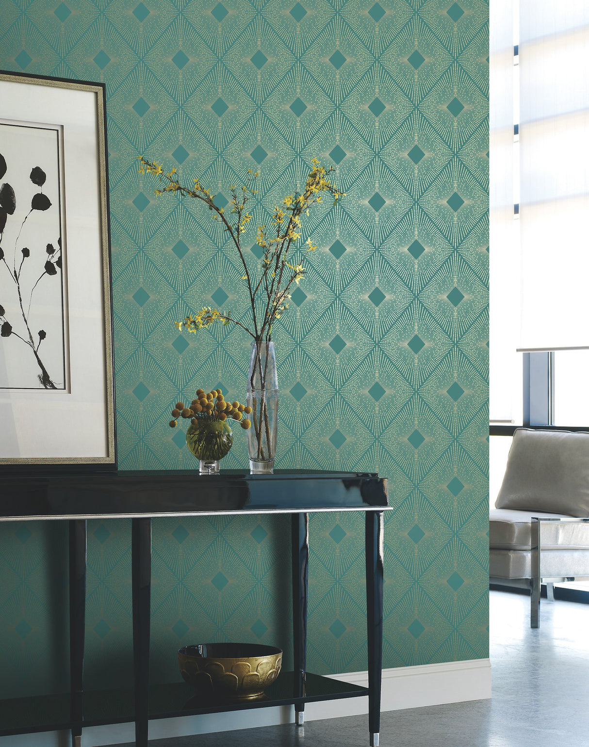 Harlowe Teal & Gold Geometric Metallic Non Woven Wallpaper - York NW3589