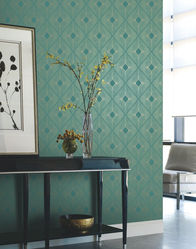 Harlowe Teal & Gold Geometric Metallic Non Woven Wallpaper - York NW3589
