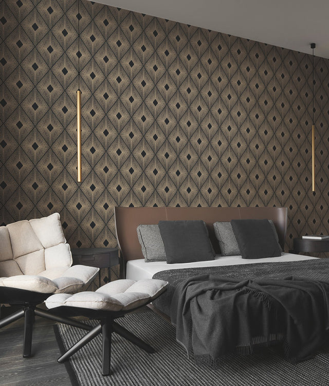 Harlowe Black & Gold Geometric Metallic Non Woven Wallpaper - York NW3593