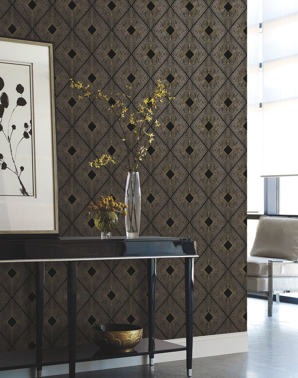 Harlowe Black & Gold Geometric Metallic Non Woven Wallpaper - York NW3593
