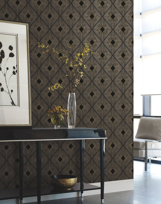 Harlowe Black & Gold Geometric Metallic Non Woven Wallpaper - York NW3593