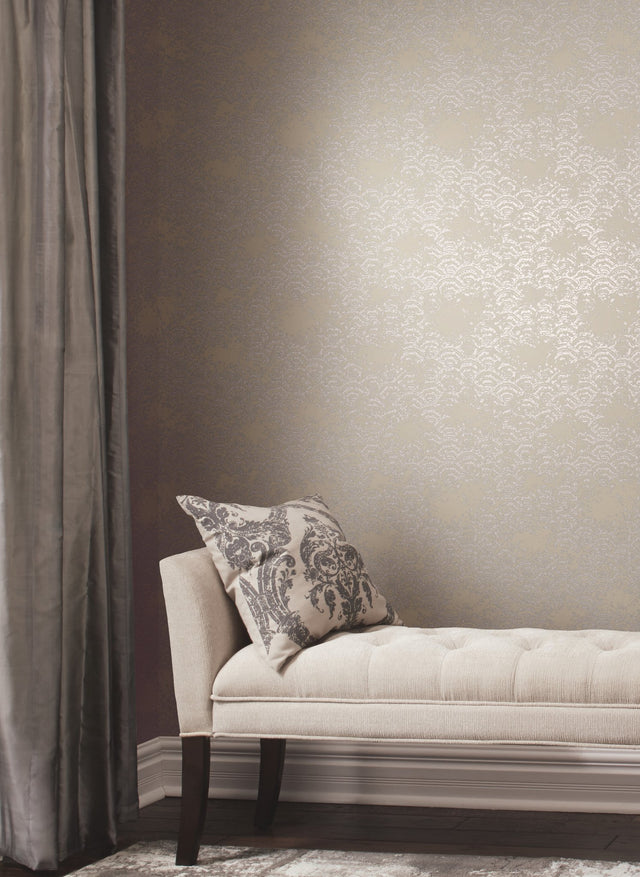 Eclipse Khaki & Silver Wallpaper with Metallic Geometric Arcs - York NW3599