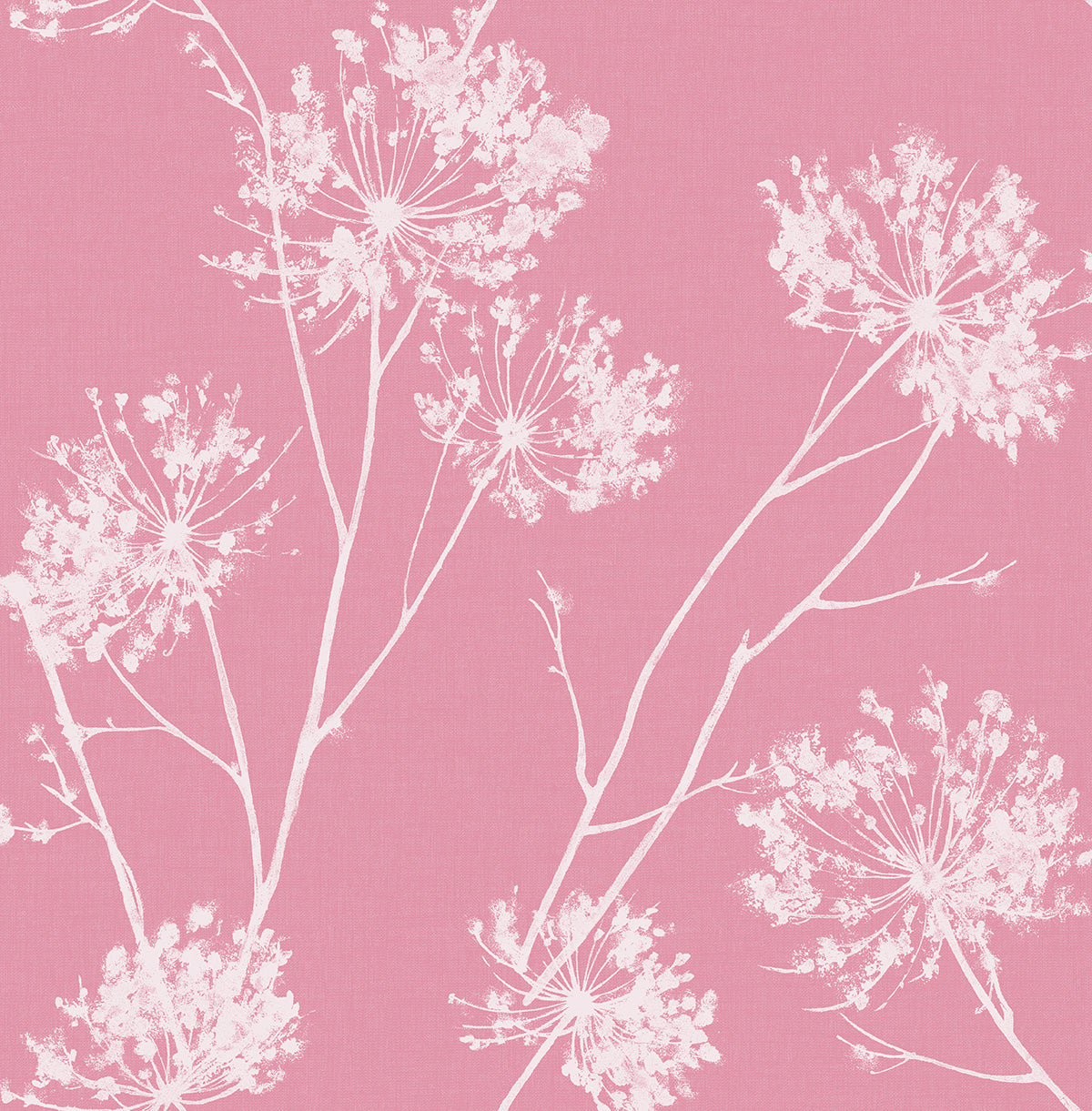 One O'Clocks pink botanical peel and stick wallpaper with white floral silhouette pattern