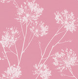 One O'Clocks pink botanical peel and stick wallpaper with white floral silhouette pattern