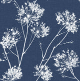 Denim blue peel and stick wallpaper with white botanical floral silhouettes in a half-drop layout.