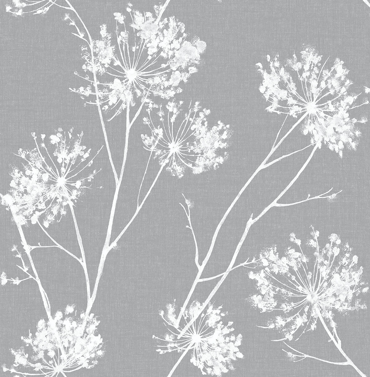 One O'Clocks Cove Gray peel and stick botanical wallpaper with white floral silhouettes