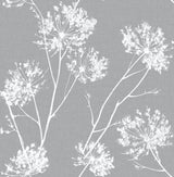 One O'Clocks Cove Gray peel and stick botanical wallpaper with white floral silhouettes