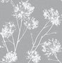 One O'Clocks Cove Gray peel and stick botanical wallpaper with white floral silhouettes