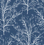 Coastal blue peel and stick wallpaper with white tree branch silhouette pattern