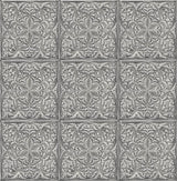 Metallic silver and charcoal faux embossed ornamental tile peel and stick wallpaper pattern