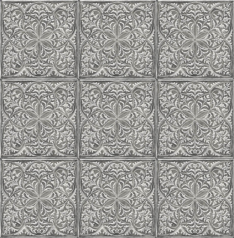 Metallic silver and charcoal faux embossed ornamental tile peel and stick wallpaper pattern