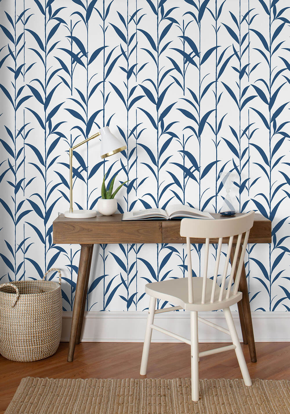 Bamboo Leaves Navy Blue and White by NextWall Peel & Stick Botanical Bamboo Wallpaper – NextWall NW36412