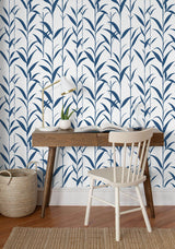 Bamboo Leaves Navy Blue and White by NextWall Peel & Stick Botanical Bamboo Wallpaper – NextWall NW36412