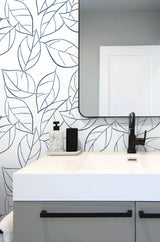 Tossed Leaves Navy Blue by NextWall Peel & Stick Leaf Outline Peel & Stick Wallpaper – NextWall NW36502