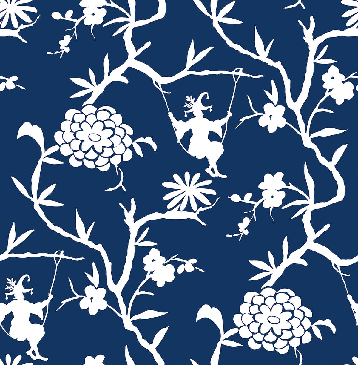Chinoiserie Silhouette peel and stick wallpaper in navy blue with white chinoiserie floral branches and figures