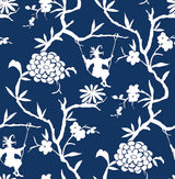 Chinoiserie Silhouette peel and stick wallpaper in navy blue with white chinoiserie floral branches and figures