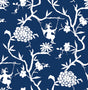 Chinoiserie Silhouette peel and stick wallpaper in navy blue with white chinoiserie floral branches and figures