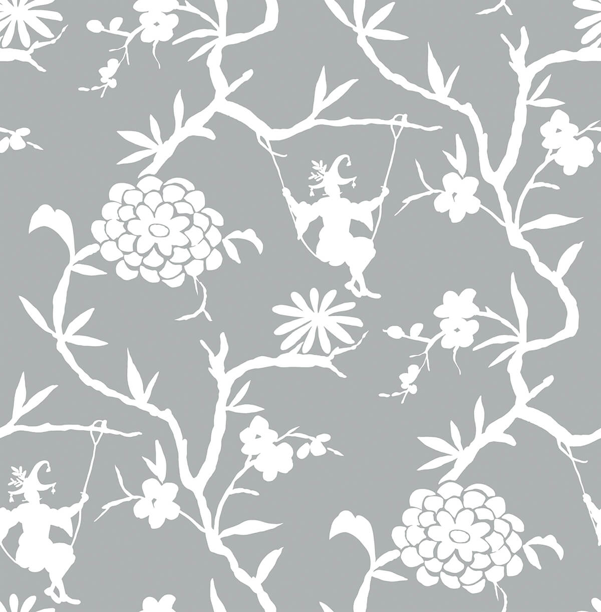 Chinoiserie Silhouette peel and stick wallpaper in metallic silver with white floral branches and swinging figures
