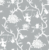 Chinoiserie Silhouette peel and stick wallpaper in metallic silver with white floral branches and swinging figures