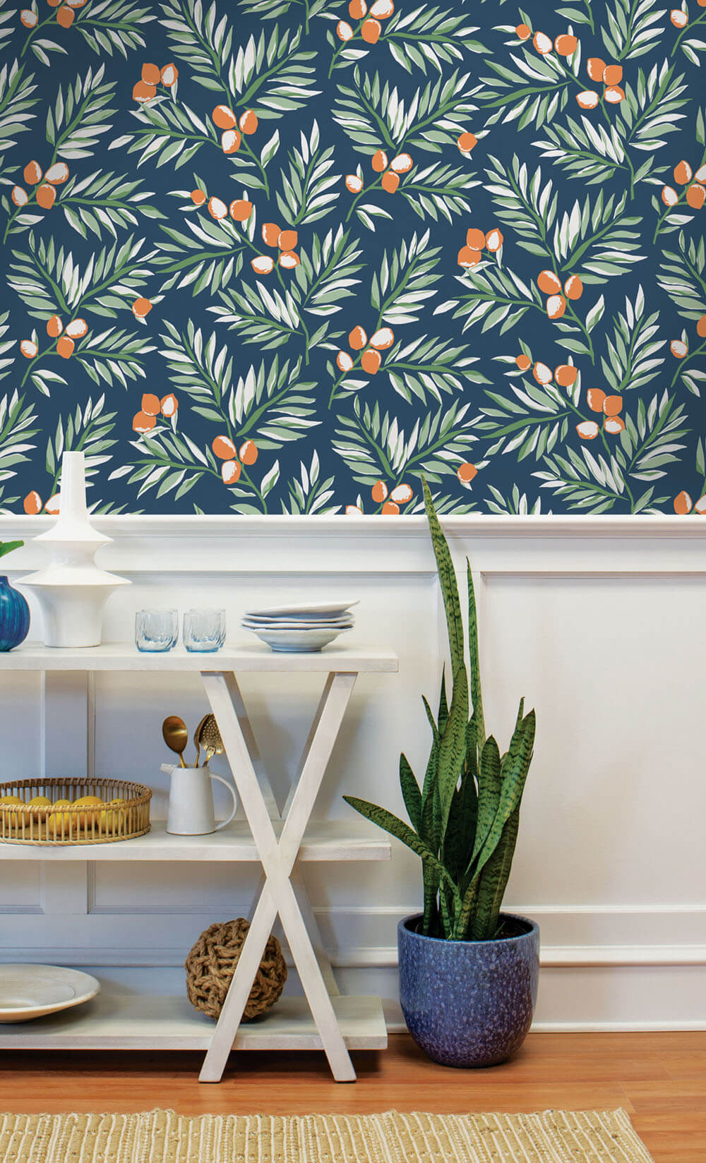 Citrus Branch Navy, Sage & Orange by NextWall Peel & Stick Botanical Wallpaper – NextWall NW36702