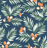 Citrus Branch peel and stick wallpaper in navy with sage green leaves and orange citrus fruit.
