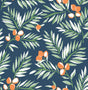 Citrus Branch peel and stick wallpaper in navy with sage green leaves and orange citrus fruit.