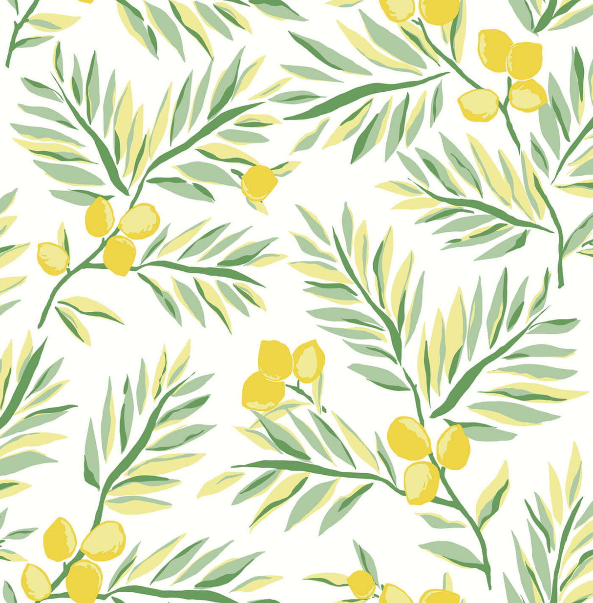 Lemon Branch peel and stick wallpaper in lemon yellow and sage green botanical pattern