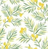 Lemon Branch peel and stick wallpaper in lemon yellow and sage green botanical pattern