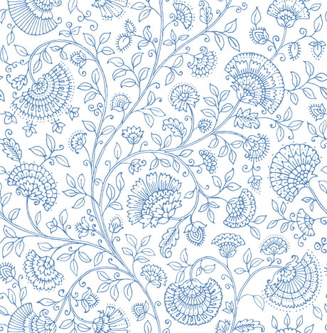 Blue and white paisley floral trail peel and stick wallpaper pattern