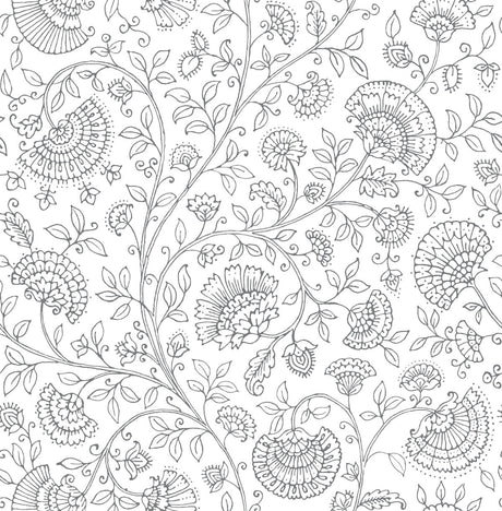 Paisley Trail peel and stick wallpaper in slate gray line art floral paisley vine pattern