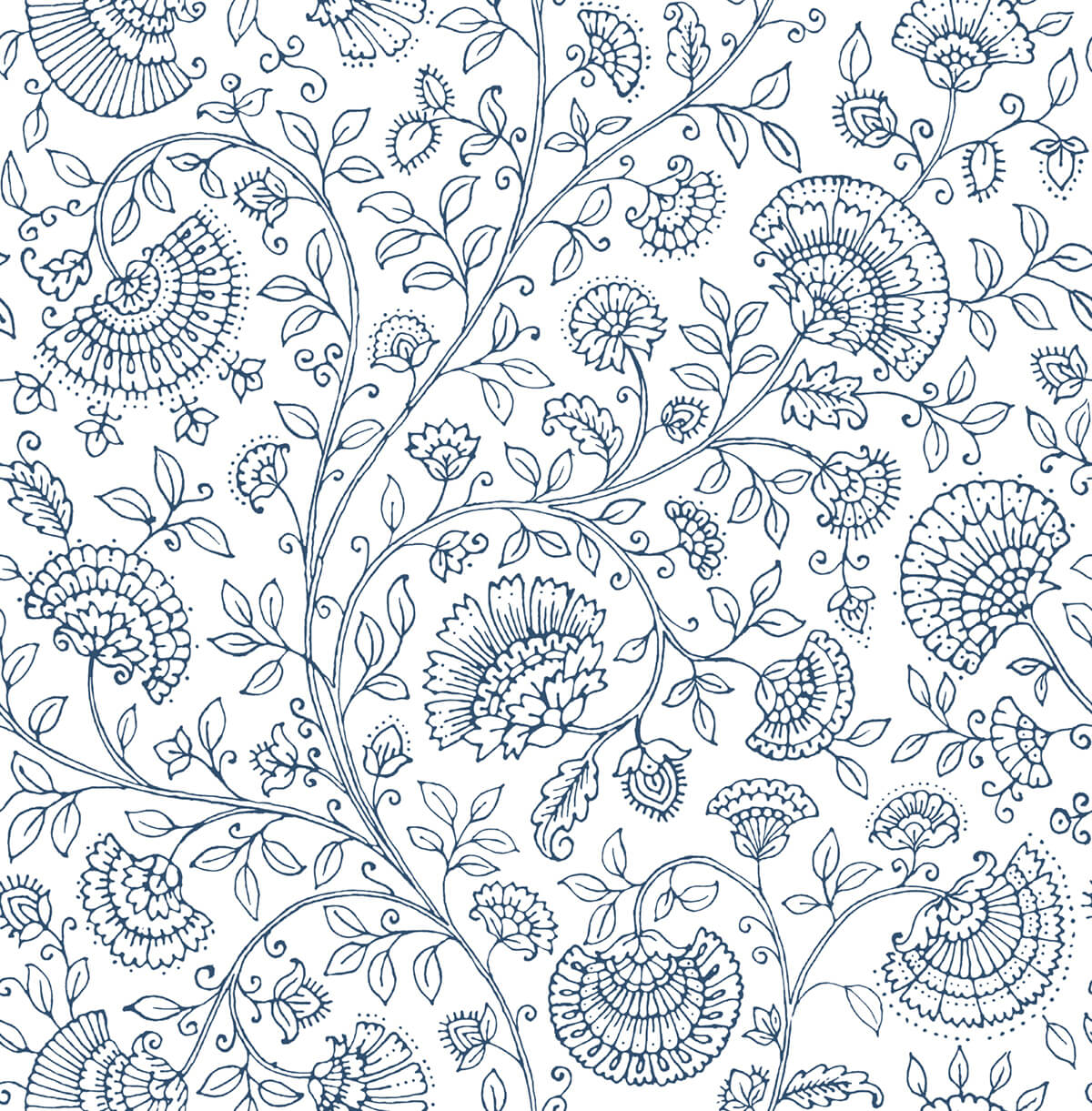 Paisley Trail peel and stick wallpaper in midnight blue on white with floral vine trail pattern
