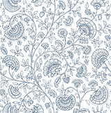 Paisley Trail peel and stick wallpaper in midnight blue on white with floral vine trail pattern