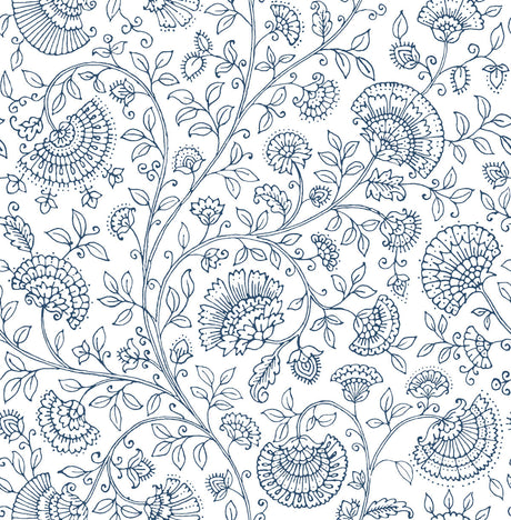 Paisley Trail peel and stick wallpaper in midnight blue on white with floral vine trail pattern